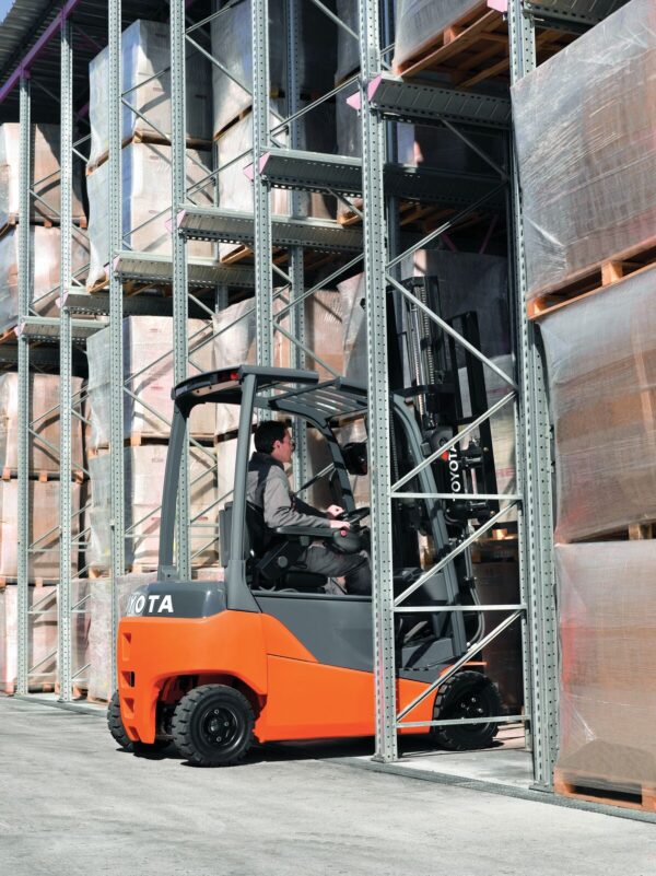 Toyota electric pneumatic tire forklift in a work yard