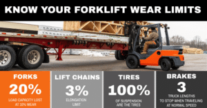 key forklift wear limits for forks, chains, tires, brakes